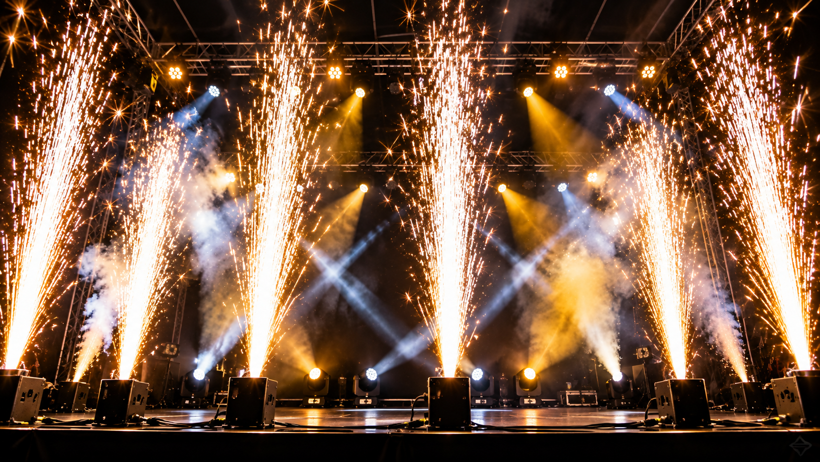 Máquinas de faíscas em palco iluminado